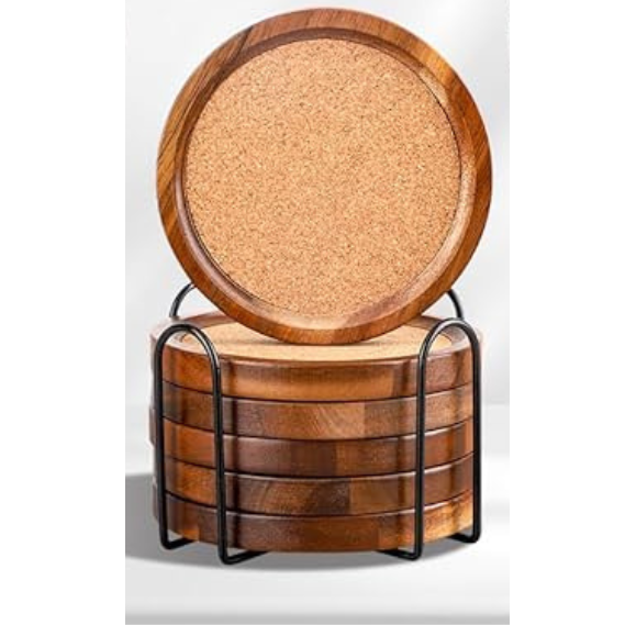 Personalized Acacia Wood & Cork Coaster Set (6 pcs) with Metal Holder