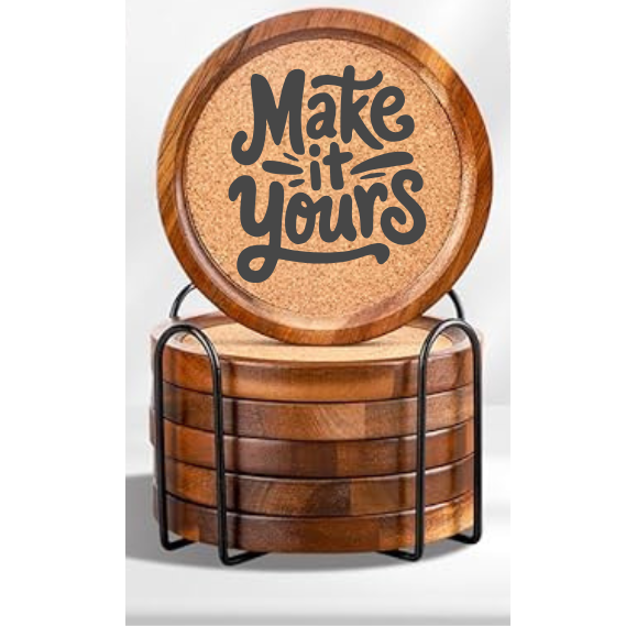 Personalized Acacia Wood & Cork Coaster Set (6 pcs) with Metal Holder