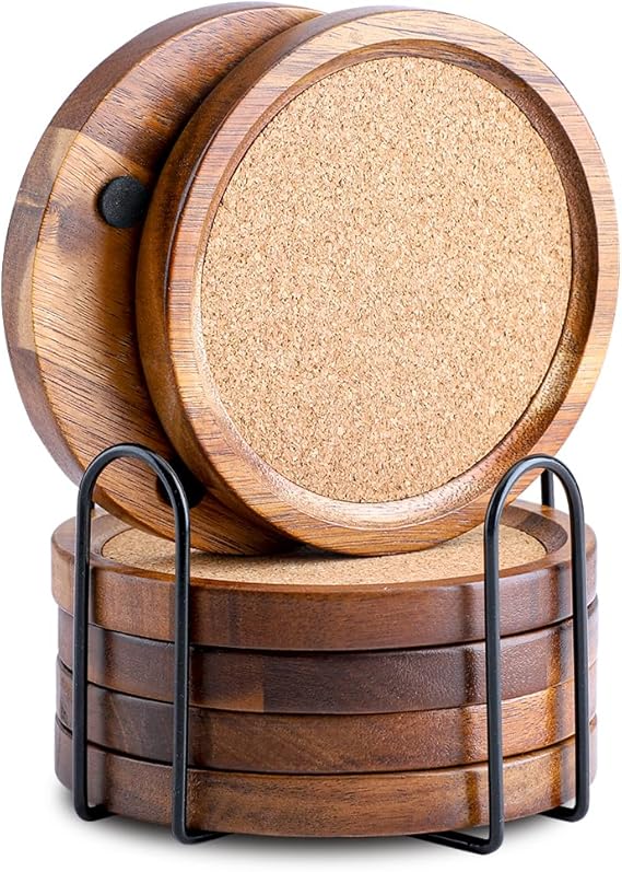 Personalized Acacia Wood & Cork Coaster Set (6 pcs) with Metal Holder