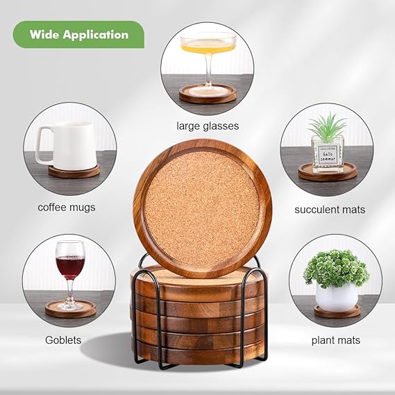 Personalized Acacia Wood & Cork Coaster Set (6 pcs) with Metal Holder
