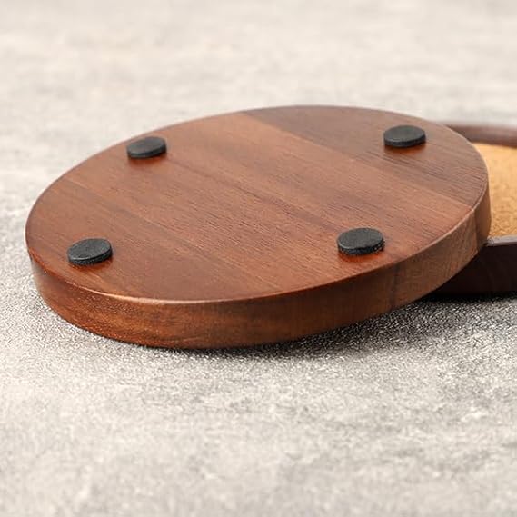 Personalized Acacia Wood & Cork Coaster Set (6 pcs) with Metal Holder