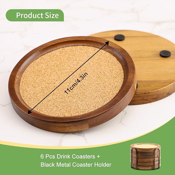 Personalized Acacia Wood & Cork Coaster Set (6 pcs) with Metal Holder