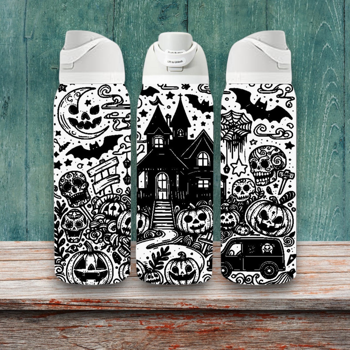 Haunted House Laser Engraved Owala Bottle - Halloween Scary Spooky Ghost House