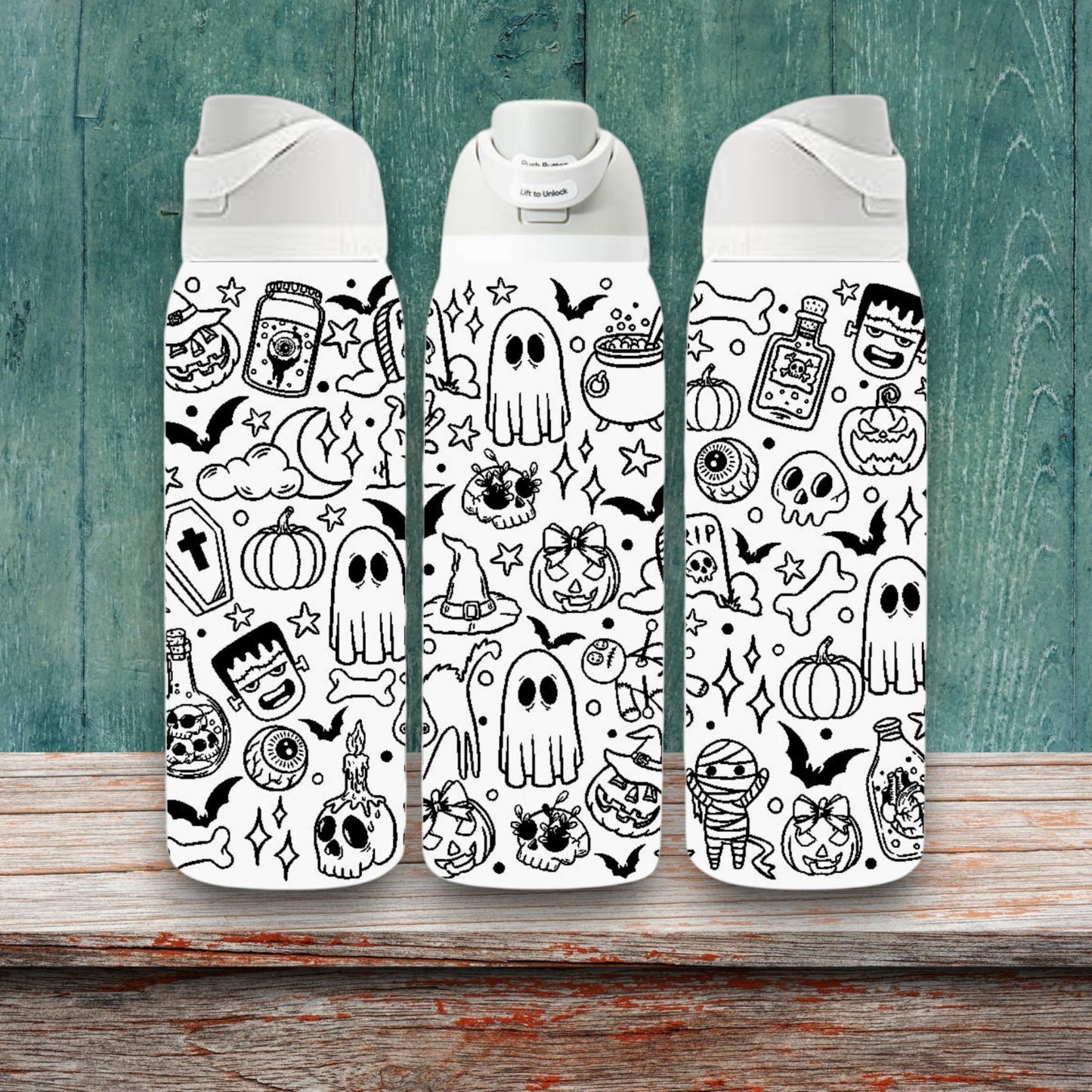 Halloween Doodles Laser Engraved Owala Bottle - Spooky Halloween Ghosts Frankenstein Bats Pumpkins Skulls