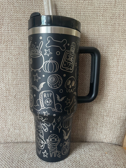Laser Engraved Halloween 40oz Tumbler w/ Straws