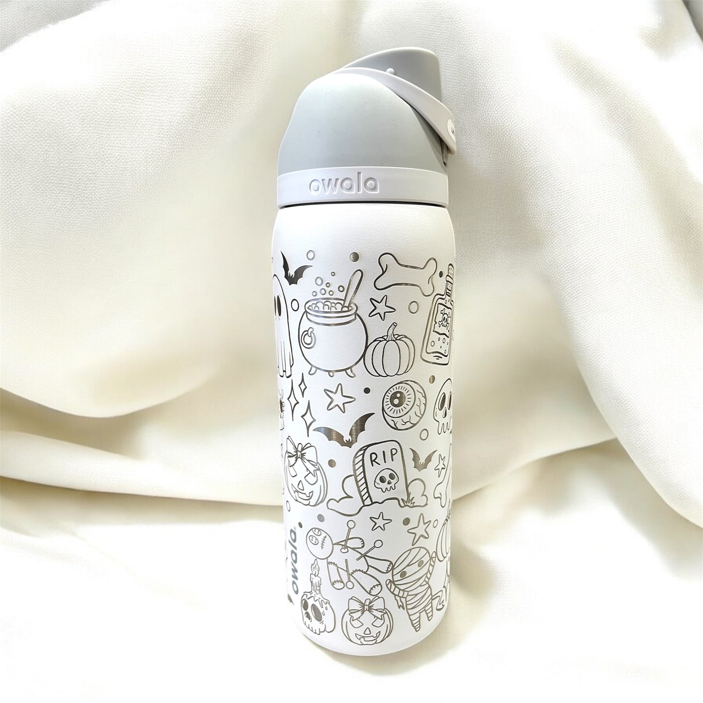 Halloween Doodles Laser Engraved Owala Bottle - Spooky Halloween Ghosts Frankenstein Bats Pumpkins Skulls