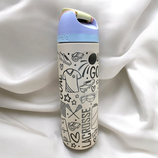 Lacrosse Sports Doodles Laser Engraved Owala Bottle - Lacrosse Nets Sticks Balls Goals Helmet Equipment