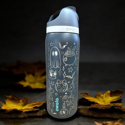 Halloween Doodles Laser Engraved Owala Bottle - Spooky Halloween Ghosts Frankenstein Bats Pumpkins Skulls