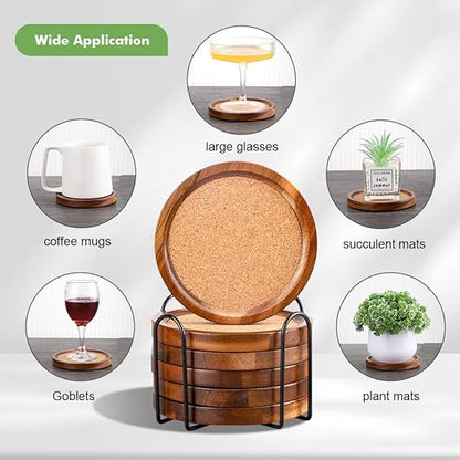 Personalized Acacia Wood & Cork Coaster Set (6 pcs) with Metal Holder
