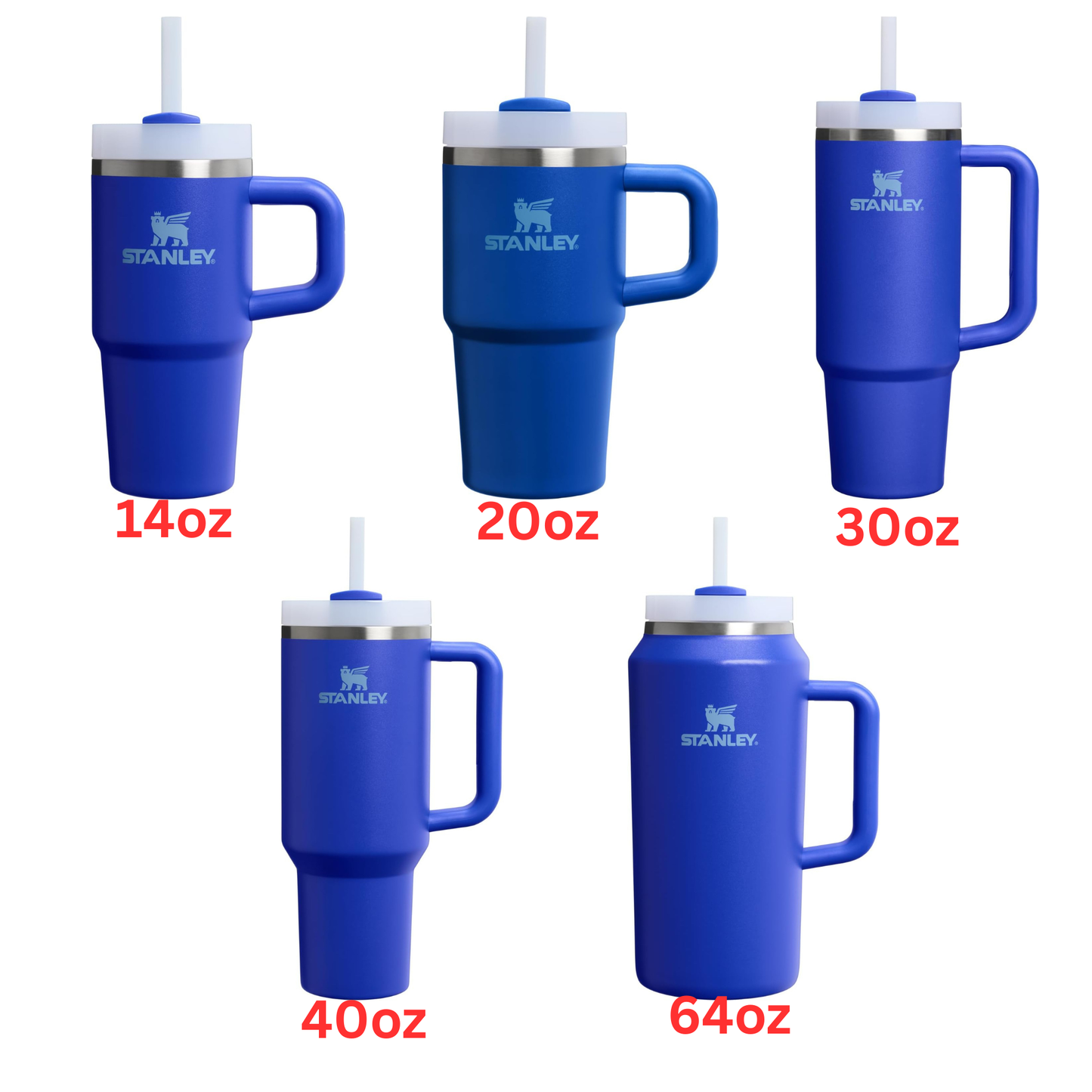 five blue insulated tumblers of different sizes, ranging from 14 oz to 64 oz, with handles and straws.