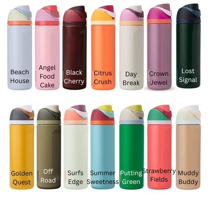 a collection of colorful water bottles with various designs and colors, including "Beach House", "Black Cherry", "Citrus Crush", "Day Break", "Crown Jewel", "Lost Signal", "Off Road", "Surf's Edge Sweetness Green", "Summer Putting Strawberry Muddy Buddy", and "Golden Quest".
