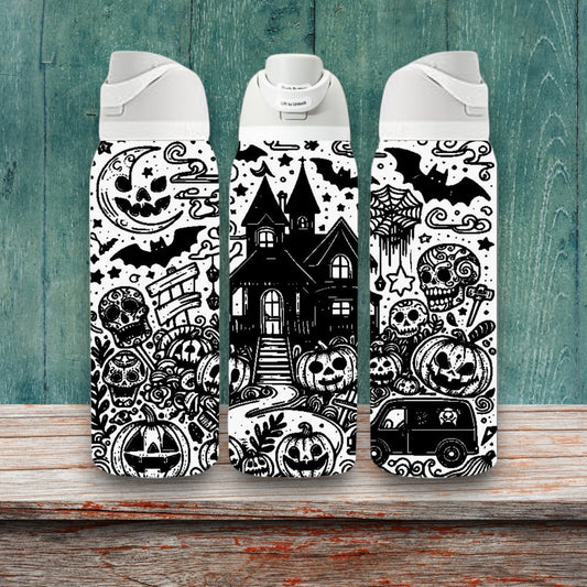 Haunted House Laser Engraved Owala Bottle - Halloween Scary Spooky Ghost House