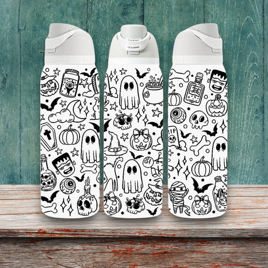 Halloween Doodles Laser Engraved Owala Bottle - Spooky Halloween Ghosts Frankenstein Bats Pumpkins Skulls