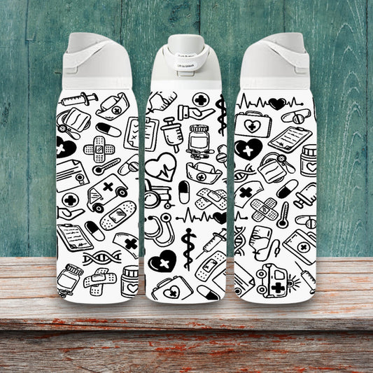 Medical Professional Doodles Laser Engraved Owala Bottle - Nurse Doctor Hospital Ambulance EMT RN