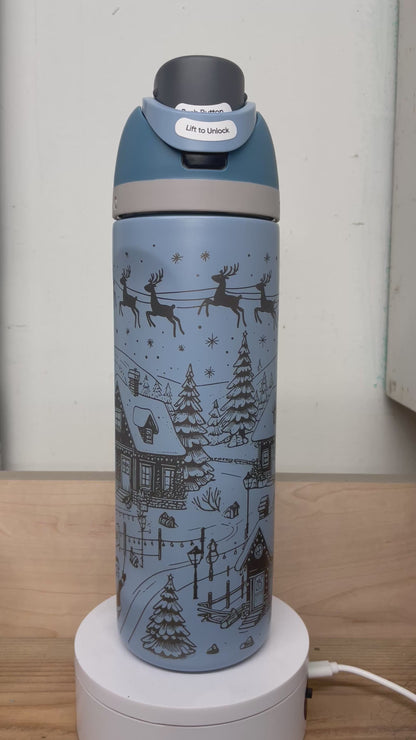 Christmas Village Themed Laser Engraved Owala Bottle - Xmas Town with Santa Sleigh & Reindeer
