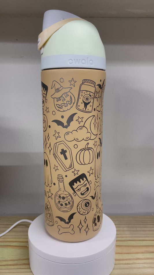 Halloween Doodles Laser Engraved Owala Bottle - Spooky Halloween Ghosts Frankenstein Bats Pumpkins Skulls