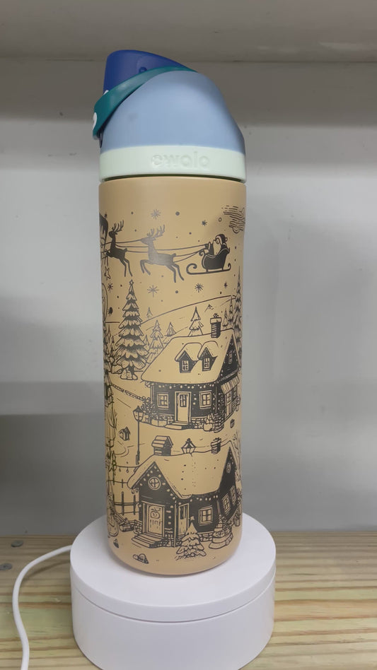 Christmas Village Themed Laser Engraved Owala Bottle - Xmas Town with Santa Sleigh & Reindeer