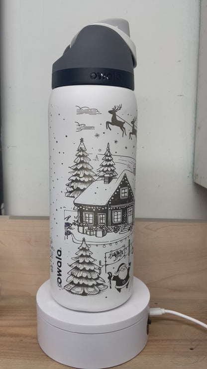 Christmas Village Themed Laser Engraved Owala Bottle - Xmas Town with Santa Sleigh & Reindeer