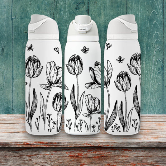 Tulip Flowers Spring Themed Laser Engraved Owala Bottle - Floral Girls Pattern Springtime