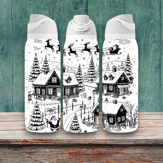 Christmas Village Themed Laser Engraved Owala Bottle - Xmas Town with Santa Sleigh & Reindeer